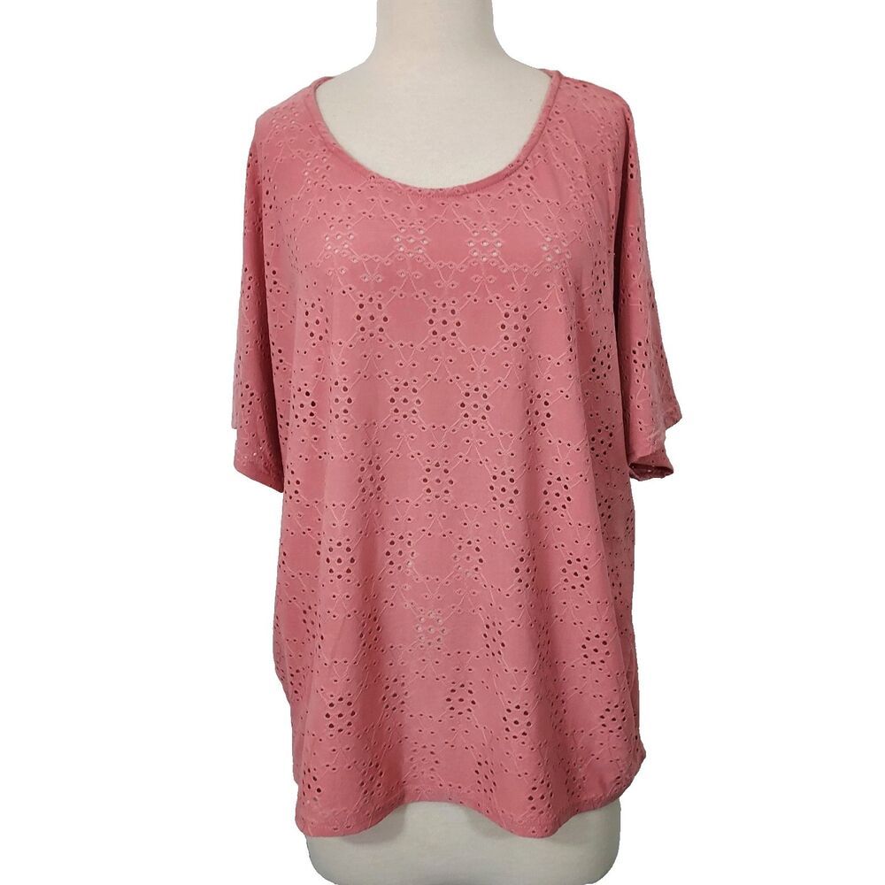 Carolyn Taylor Lasor Cut Shirt Top Women Size XL Stretch Pink Cap Sleeve